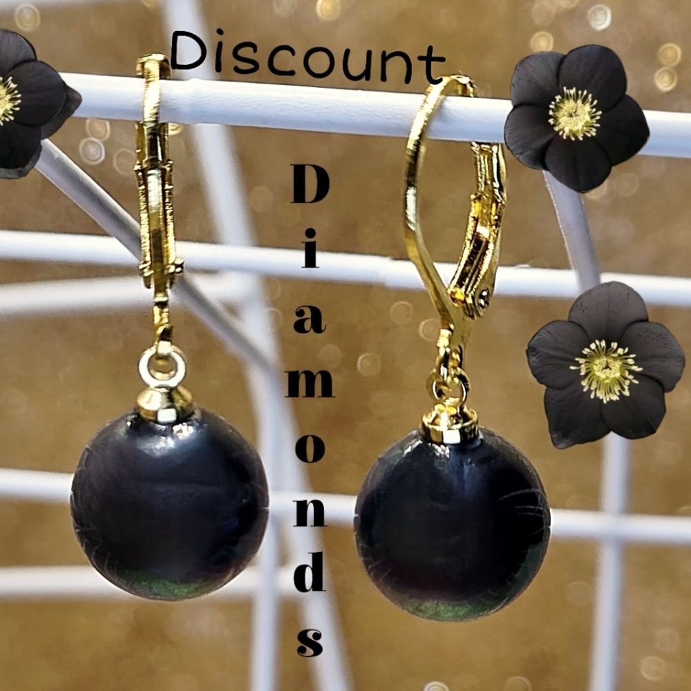 14K Yellow Gold Black 12 mm South Sea Shell Pearl Leverback Earrings